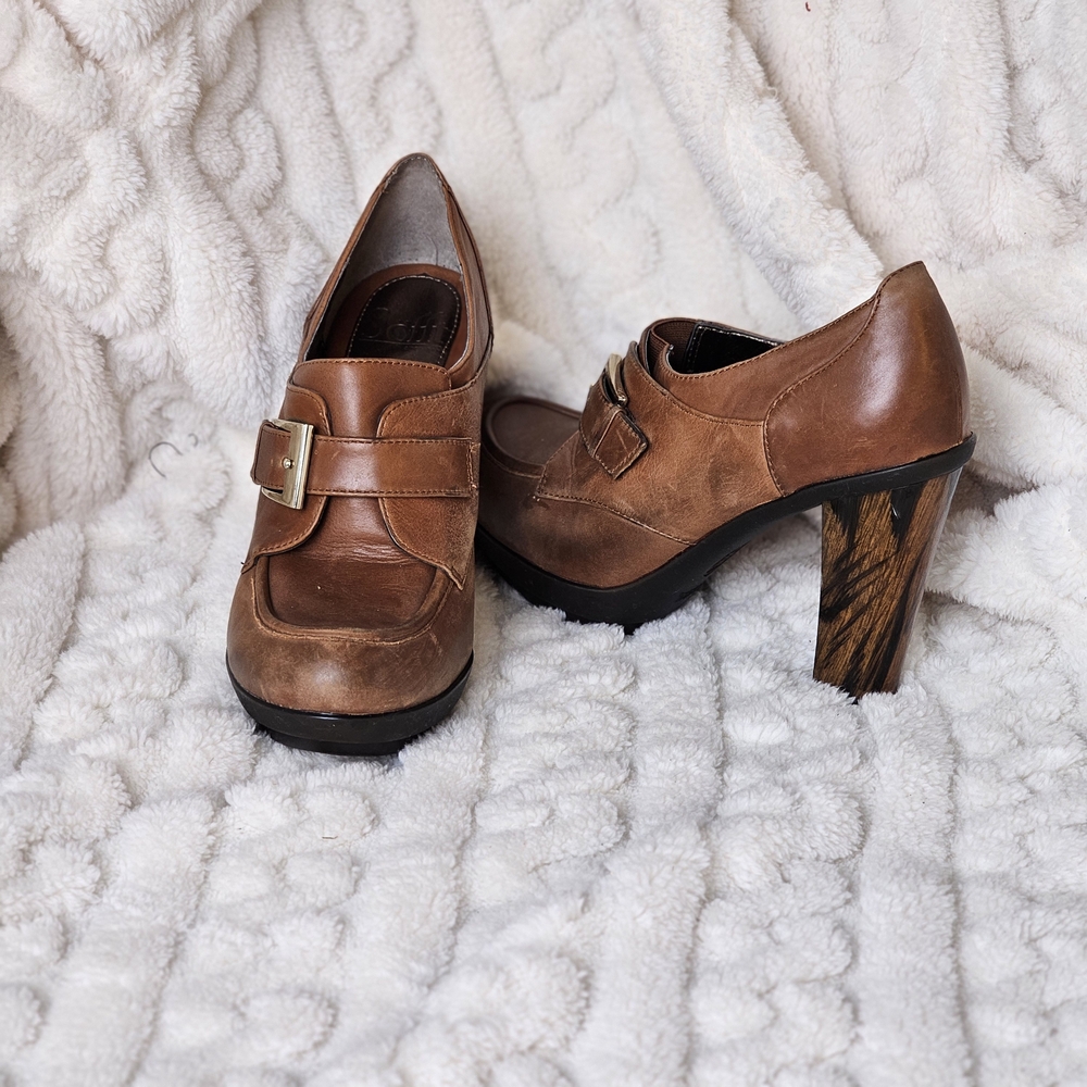 Sofft Brown Distressed Leather Women's Heeled Loafers Marbled Block Heel Sz 6.5